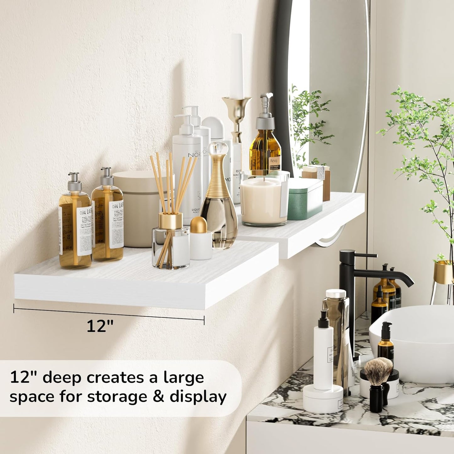 Fun Memories Floating Shelves - 2 Pack 12 Inch Deep Rustic Wooden Wall Shelves - Extra Deeper &