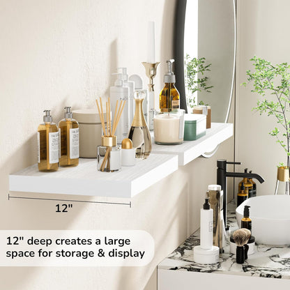 Fun Memories Floating Shelves - 2 Pack 12 Inch Deep Rustic Wooden Wall Shelves - Extra Deeper &