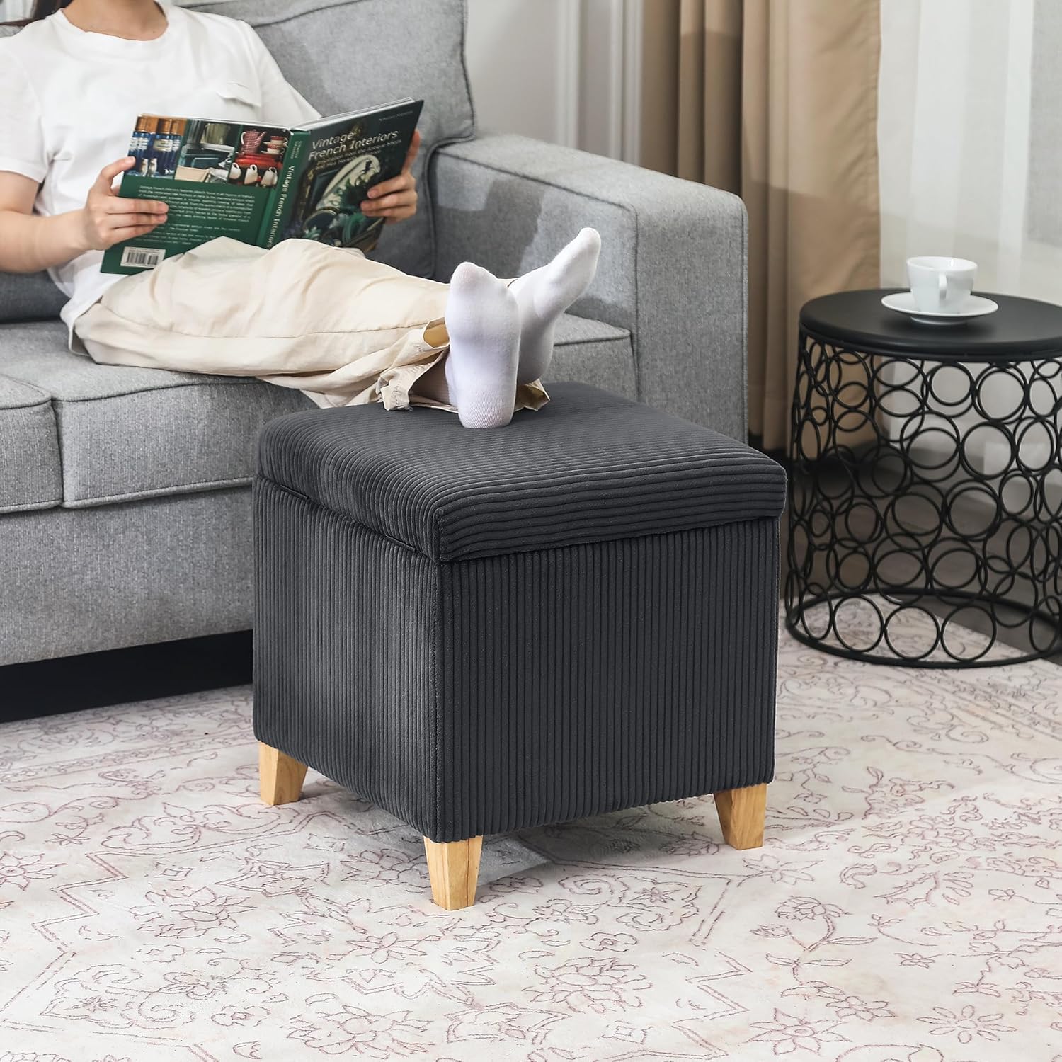Adeco 18 Inch High Faux Fur Grey Cube Ottoman Storage, Fluffy Striped Velvet Chair Foot Stools