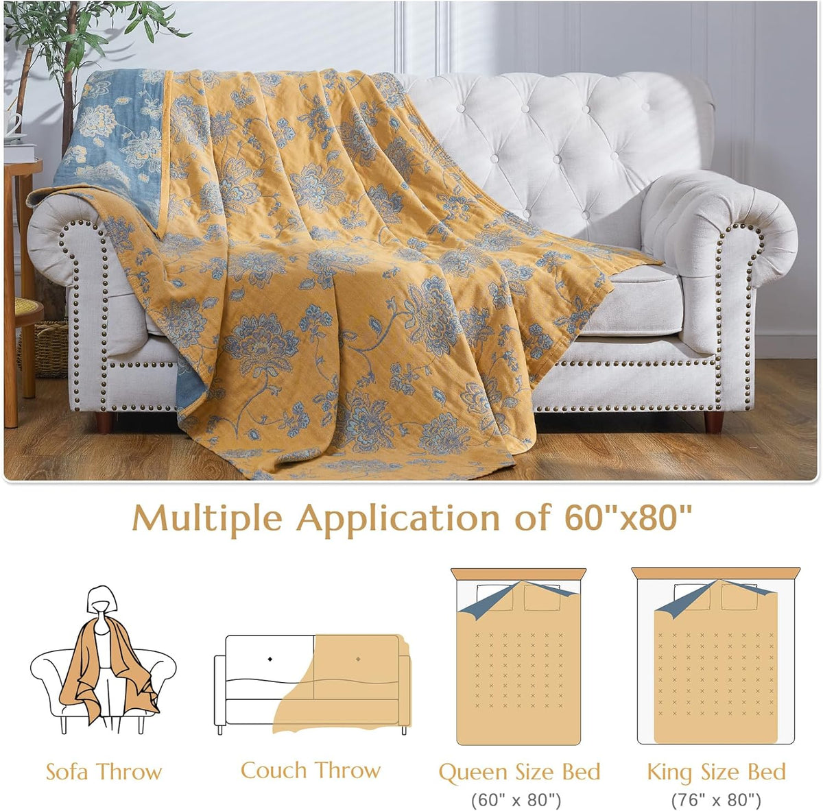 jinchan Boho 100% Cotton Muslin Twin Size 60x80 Inches Blanket Lightweight 4-Layer Quilted Soft