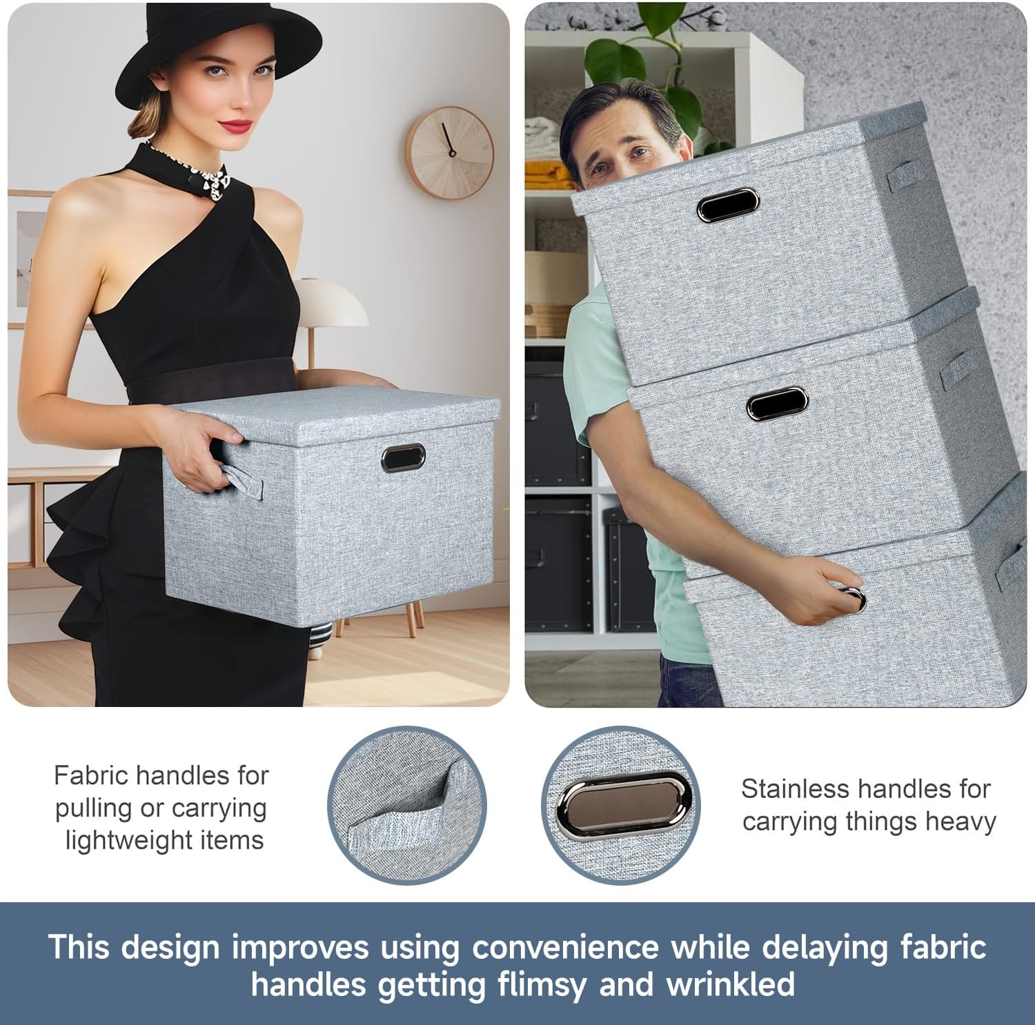 Large 17" 36 Quart Collapsible Stackable Storage Bins with Lids, 3 Packs Blue-Grey Linen Fabric