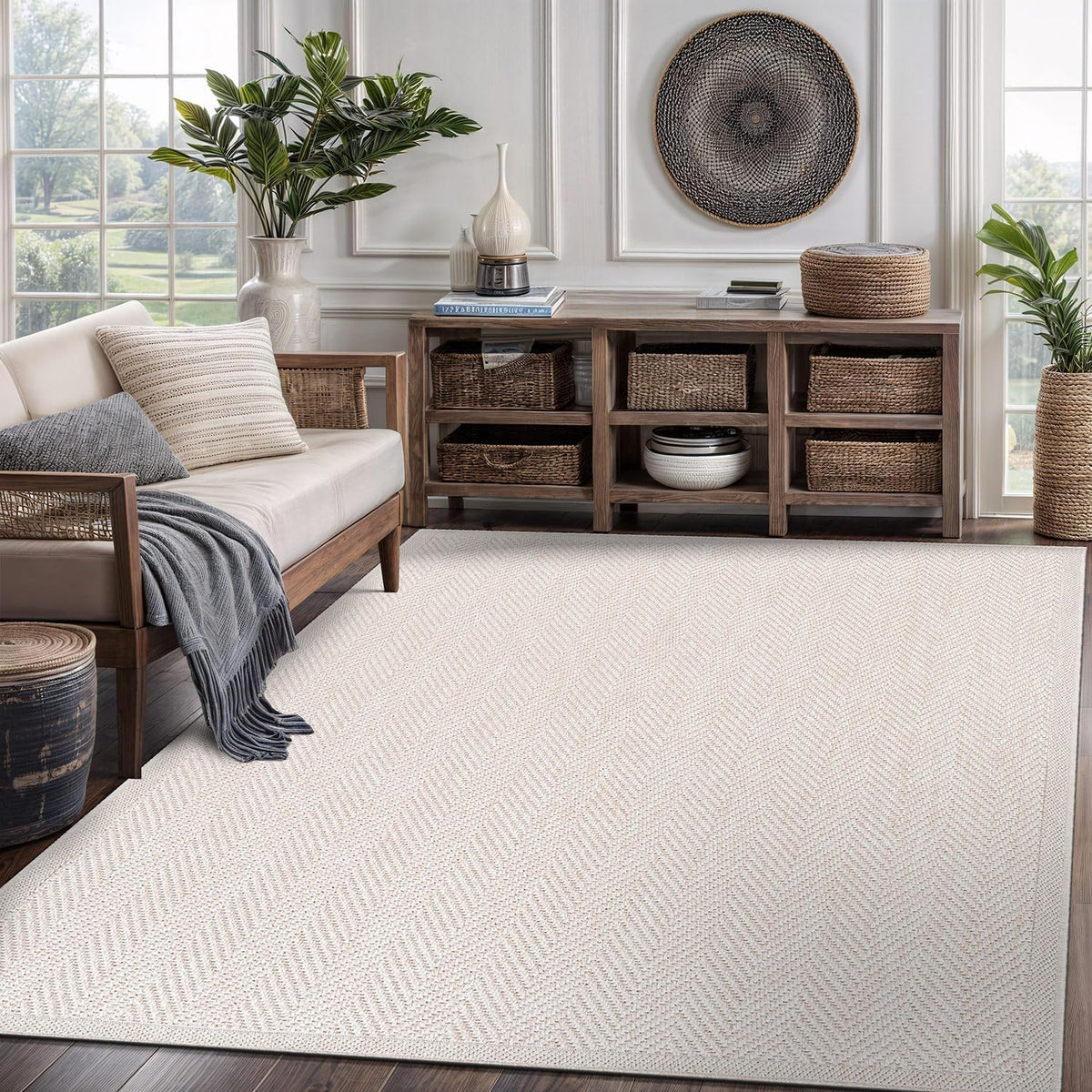 CAMILSON Easy Jute Rug 5x7, Indoor Outdoor Off-White Color Fiber Area Rugs for Living Room Patio