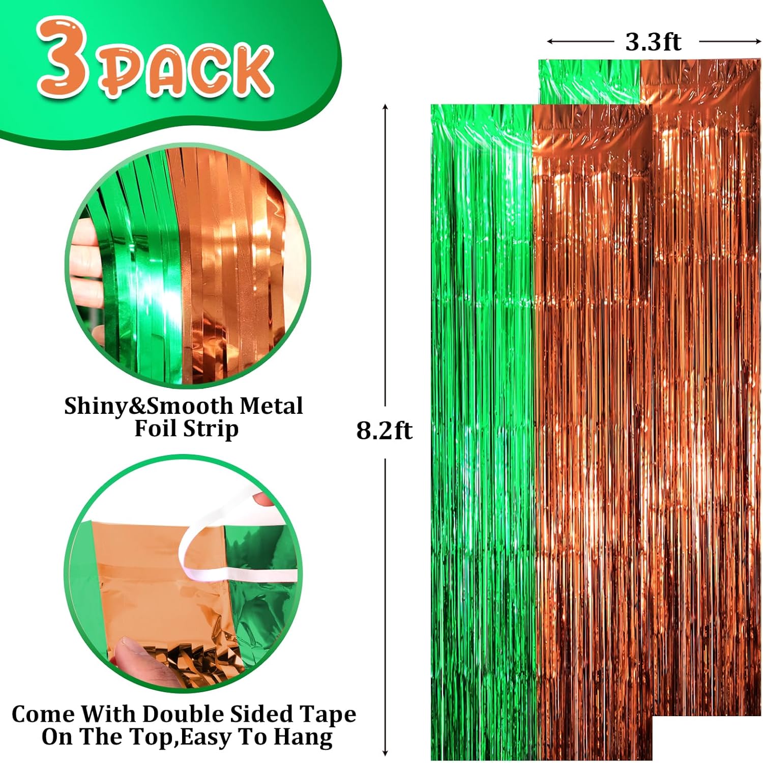 3 Pack 3.3 x 8.2 ft Green and Brown Foil Fringe Backdrop Curtains, Tinsel Streamers Party