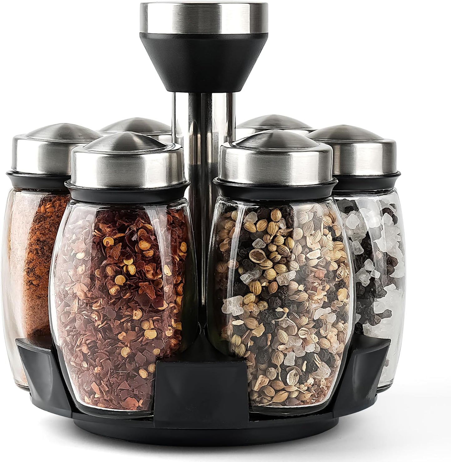 Mlici 6PC Spinning Glass Spice Jars - 360° Rotating Spice Rack Organizer with Jars, Stainless Steel
