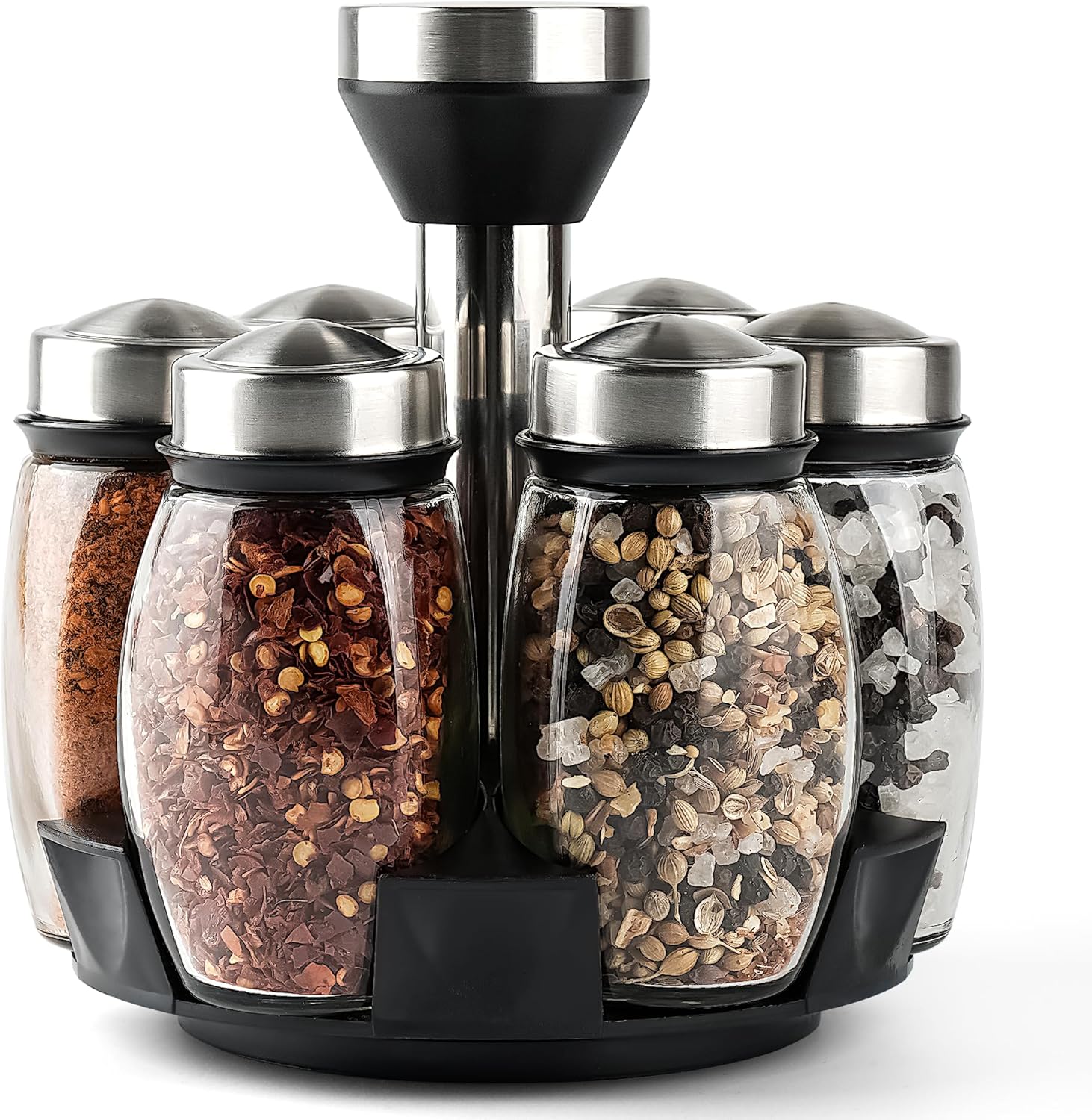Mlici 6PC Spinning Glass Spice Jars - 360° Rotating Spice Rack Organizer with Jars, Stainless Steel