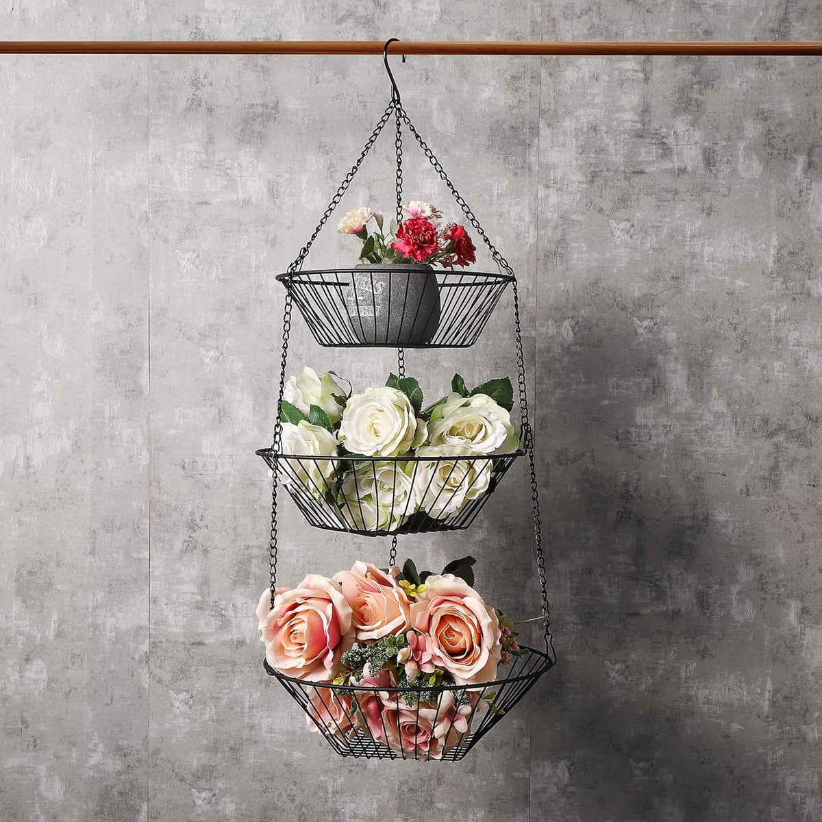 3-Tier Wire Fruit Hanging Basket 2 Packs,non-Punching Wall Hanging Storage,Kitchen Bathroom