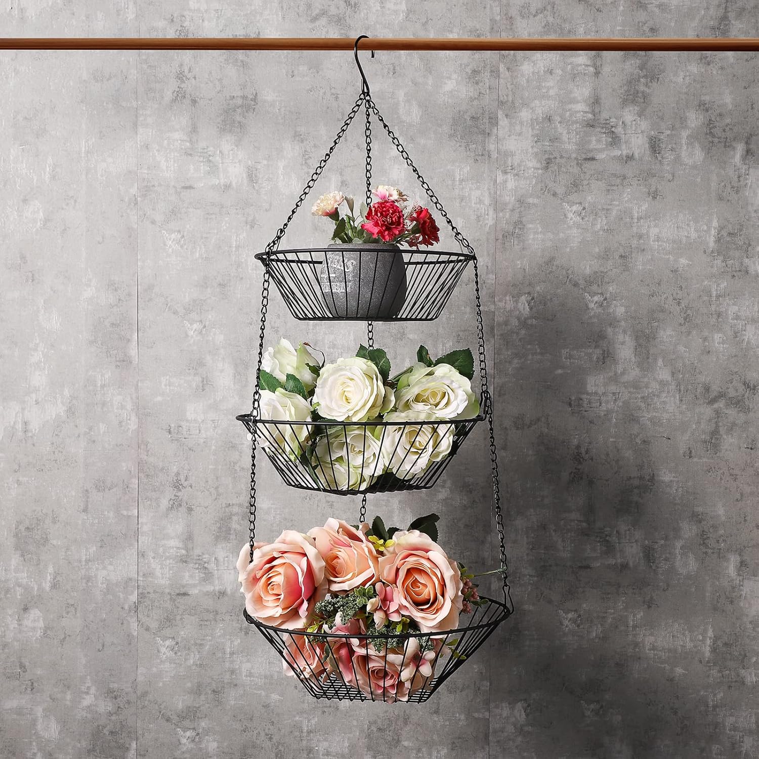 3-Tier Wire Fruit Hanging Basket 2 Packs, non-Punching Wall Hanging Storage, Kitchen Bathroom