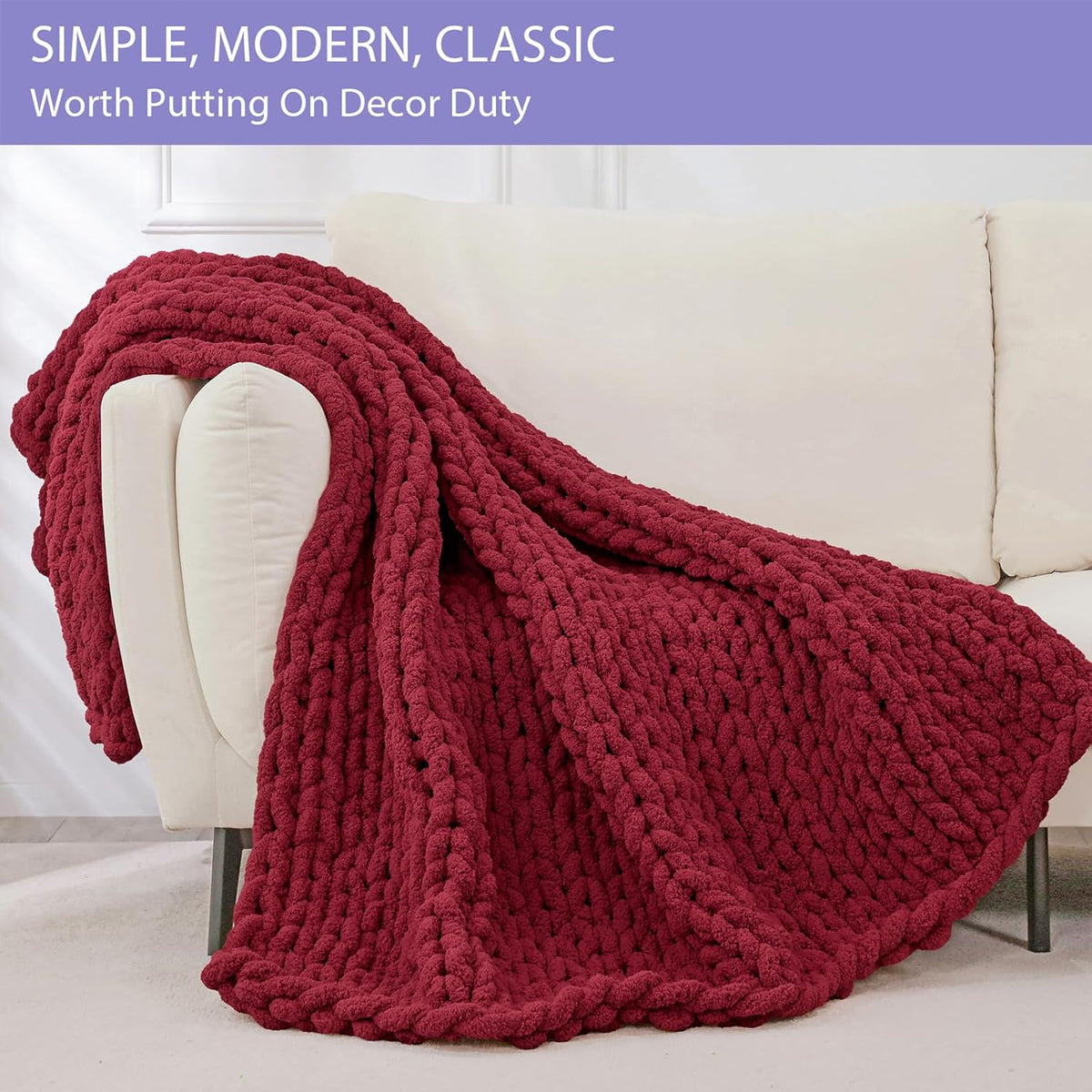 Bigacogo Chunky Knit Throw Blanket for Couch, 40x40 inches, 100% Hand Knitted with Thick Jumbo