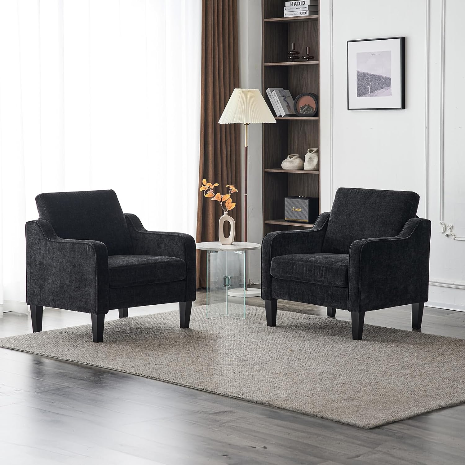 VINGLI Living Room Chairs Set of 2, Black Accent Chair 5.5" Thick Seat Cushion Comfy Chair Soft