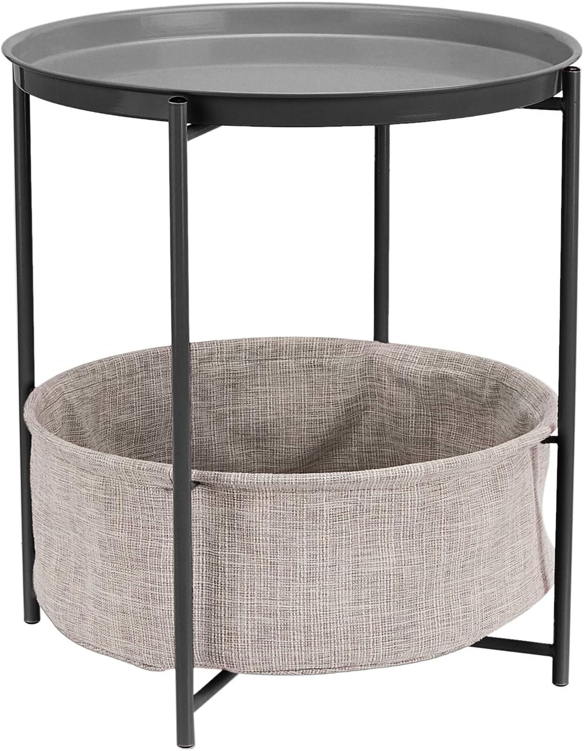 Amazon Basics Round Storage End Table, Side Table with Cloth Basket, Charcoal/Heather Gray, 17.7 x