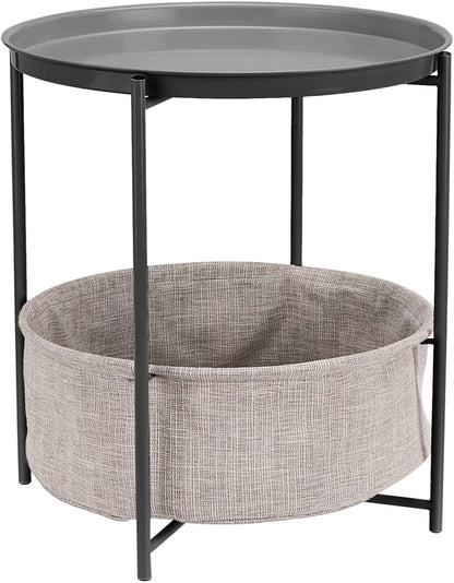 Amazon Basics Round Storage End Table, Side Table with Cloth Basket, Charcoal/Heather Gray, 17.7 x