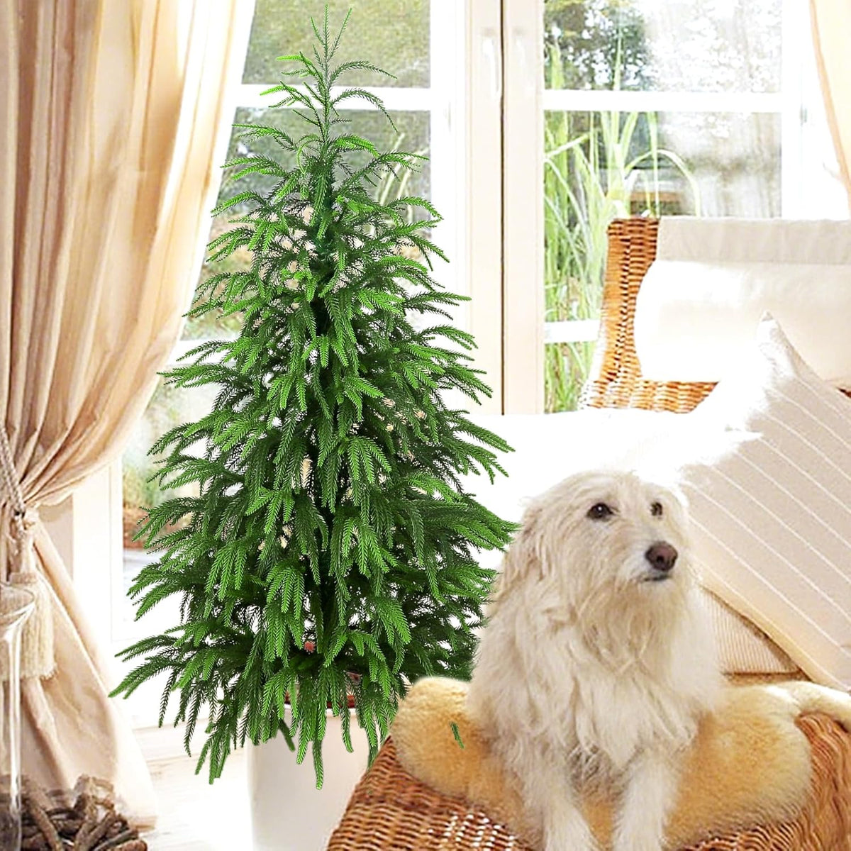 Artificial Norfolk Pine Tree, 3 ft Realistic Christmas Tree, Fake Potted Plants for Front Porch