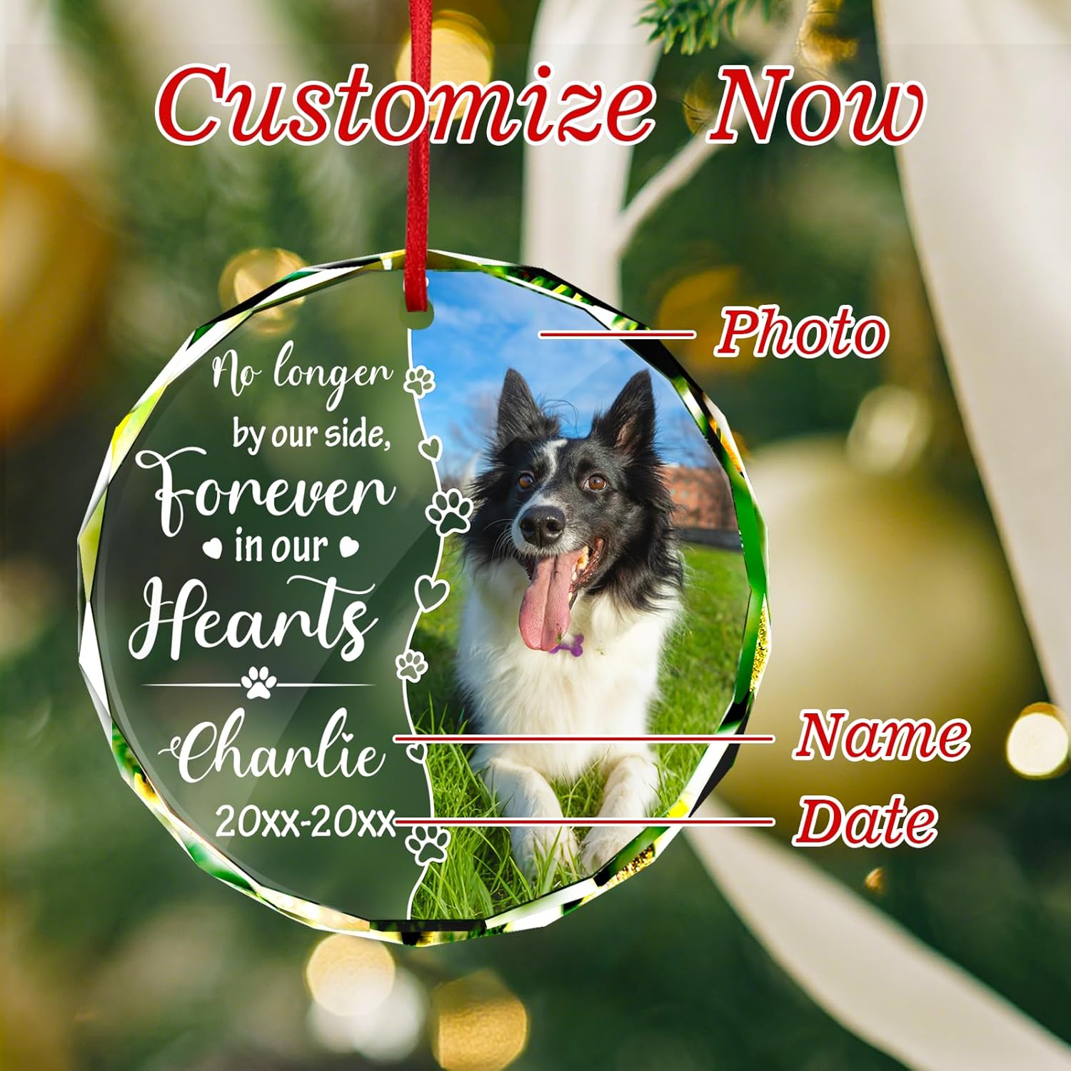 Personalized Memorial Pet Glass Ornament - Custom Picture Christmas Ornaments, Dog Forever in Our