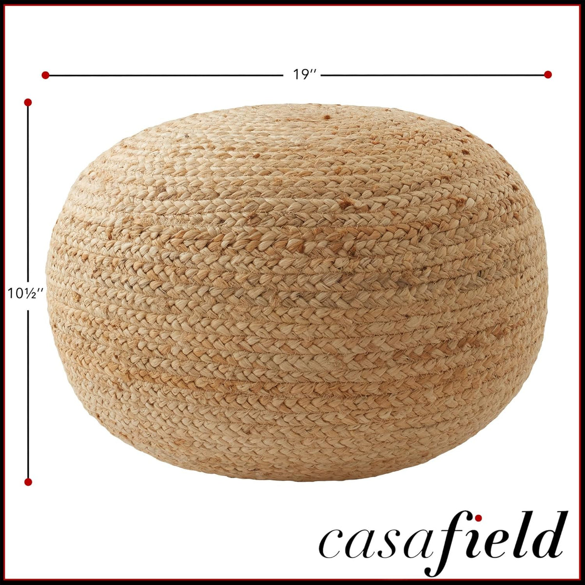 Casafield Hand-Braided Jute Pouf Ottoman Footrest, 19" Round x 10-1/2" High, Natural Woven Boho