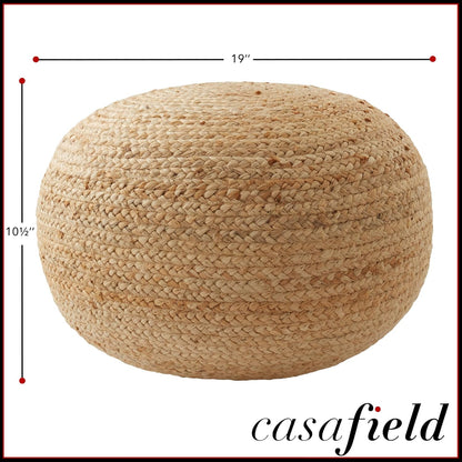 Casafield Hand-Braided Jute Pouf Ottoman Footrest, 19" Round x 10-1/2" High, Natural Woven Boho