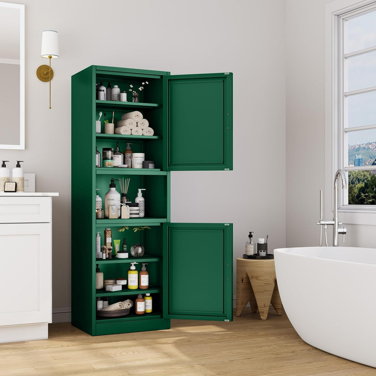 Tall Narrow Storage Cabinet 66.93" H Tall Bathroom Cabinet Metal Pantry Cabinets, 4 Adjustable