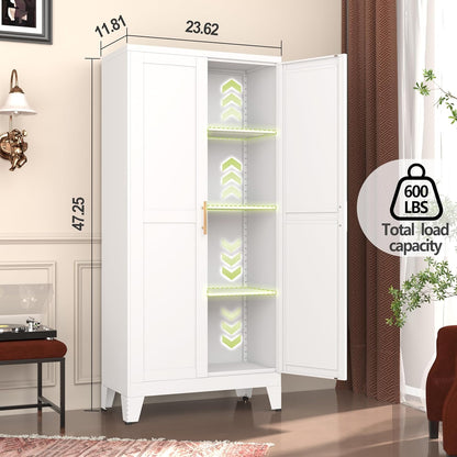 Metal Pantry Cabinet, Kitchen Pantry Storage Cabinets with 2 Door and 3 Adjustable Shelves, White