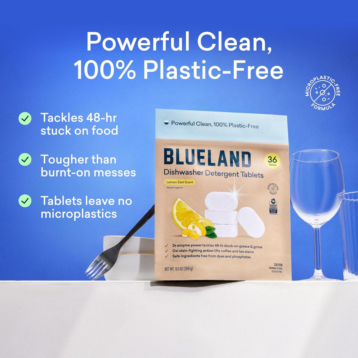 BLUELAND 100% Plastic-Free Dishwasher Detergent Tablets, Starter Set, 60 Count with Tin, Lemon Zest