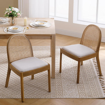 Mid Century Dining Chairs Set of 6, Accent Rattan Linen Fabric Side Chairs Kitchen Chair with Solid