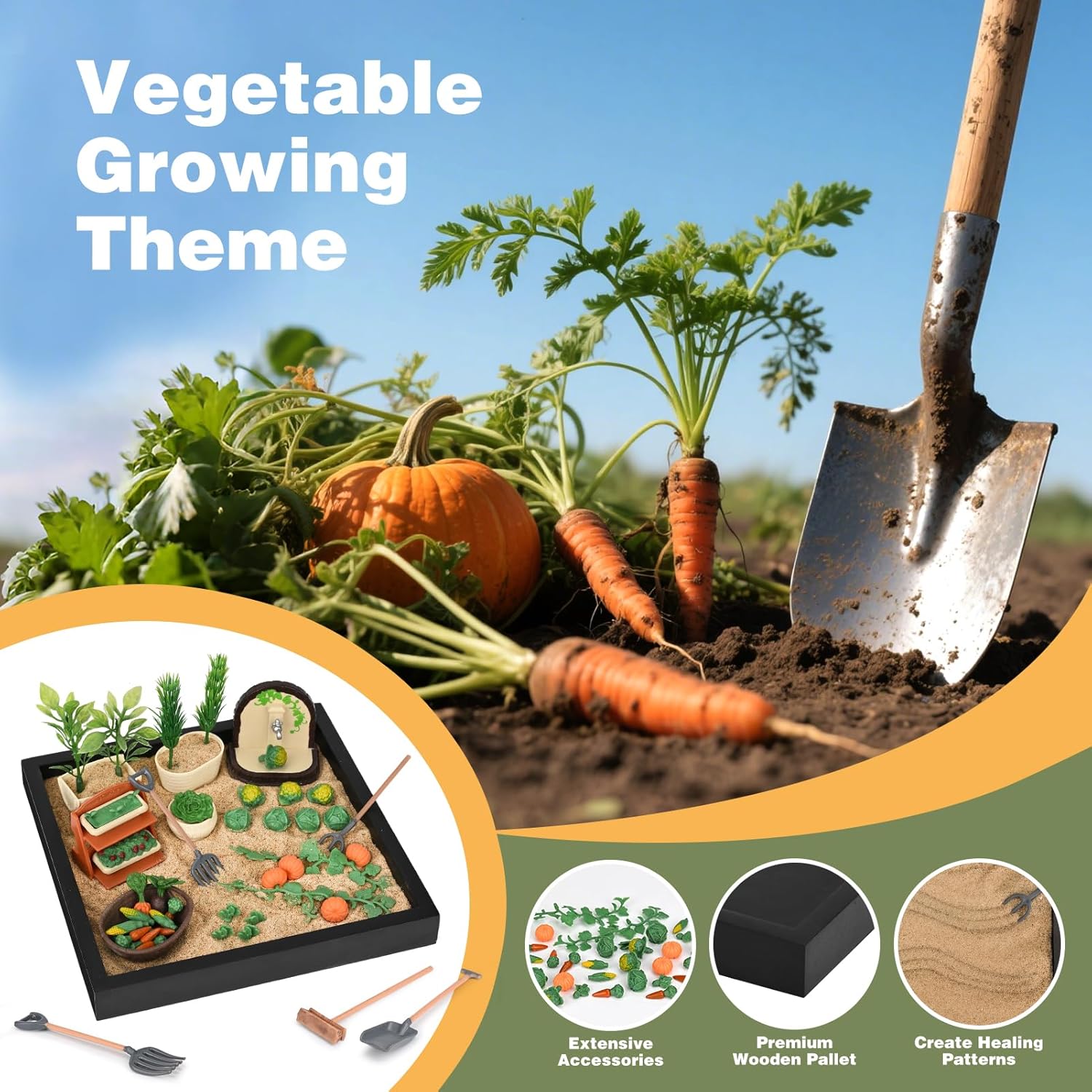 Dreamon Zen Sand Garden for Desk - Vegetable Gardening Themed Sand Tray Therapy Kit with 56