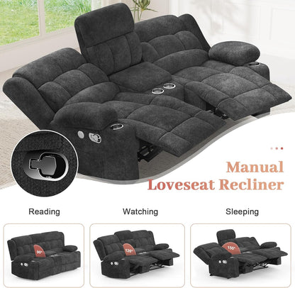 Recliner Sofa Set with 2+1+1 Pieces, Fabric Manual Pull Tab Reclining Loveseat with Storage