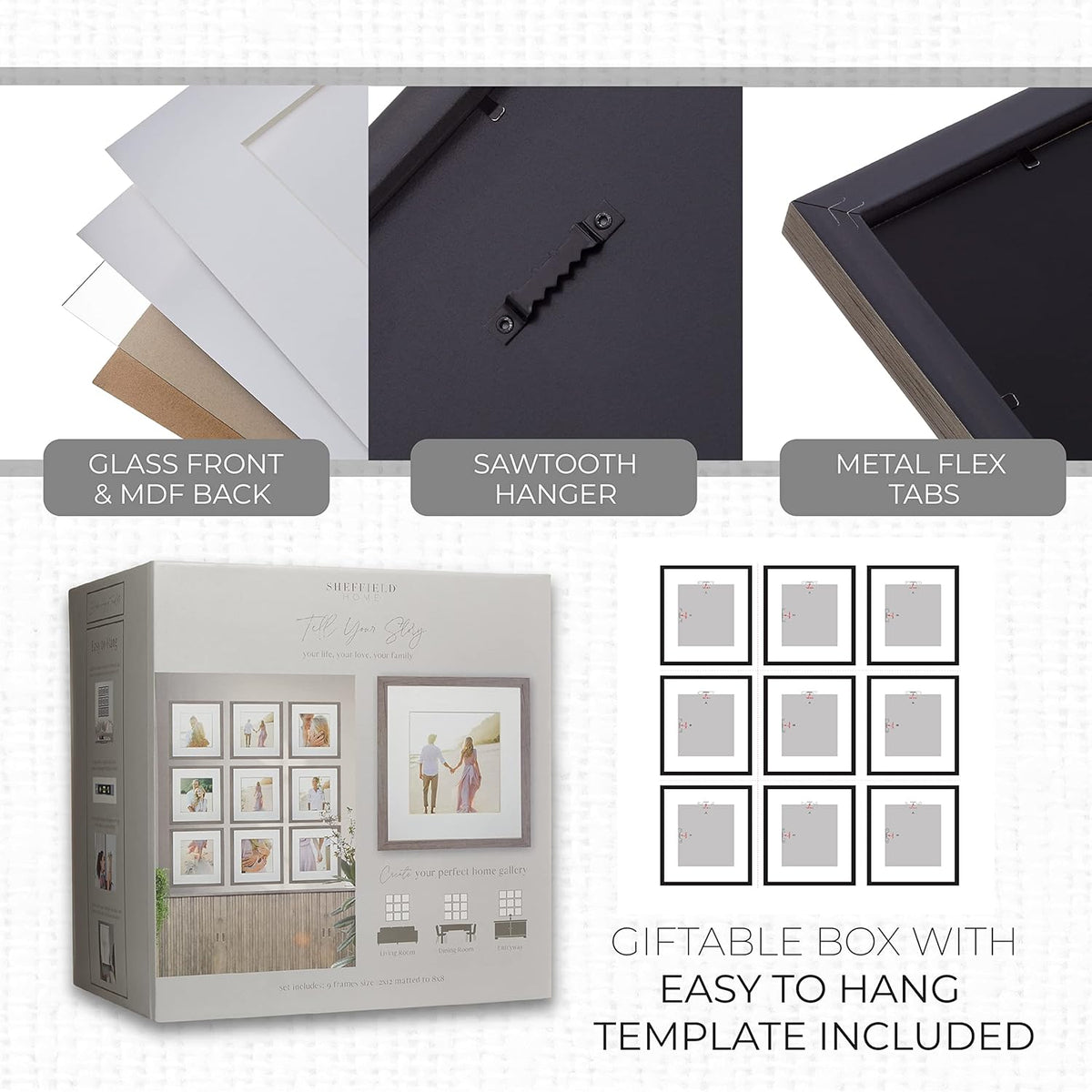 Sheffield Home 9 Piece Gallery Wall Frame Set, 12x12 Inch, Natural