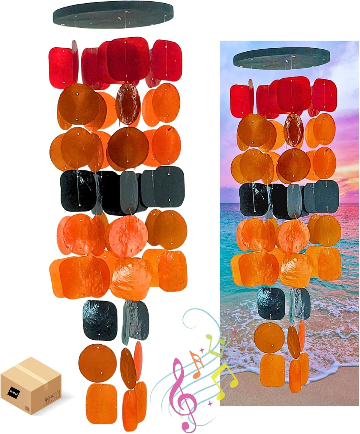 Bellaa 20720 Wind Chimes for Outside Capiz Sea Glass Shells Orange Red Black Outdoor Windchimes