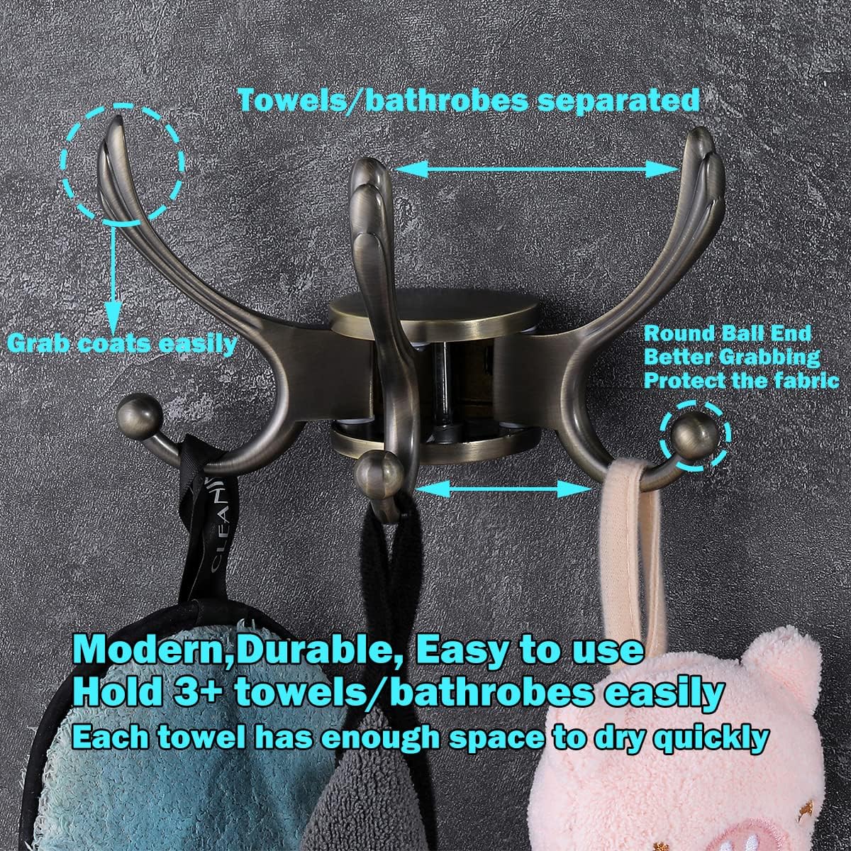 Swivel Coat Hook 2 Pack Heavy Duty Space Saving Towel Rope Hook Wall Mount Triple Swing Arms for RV