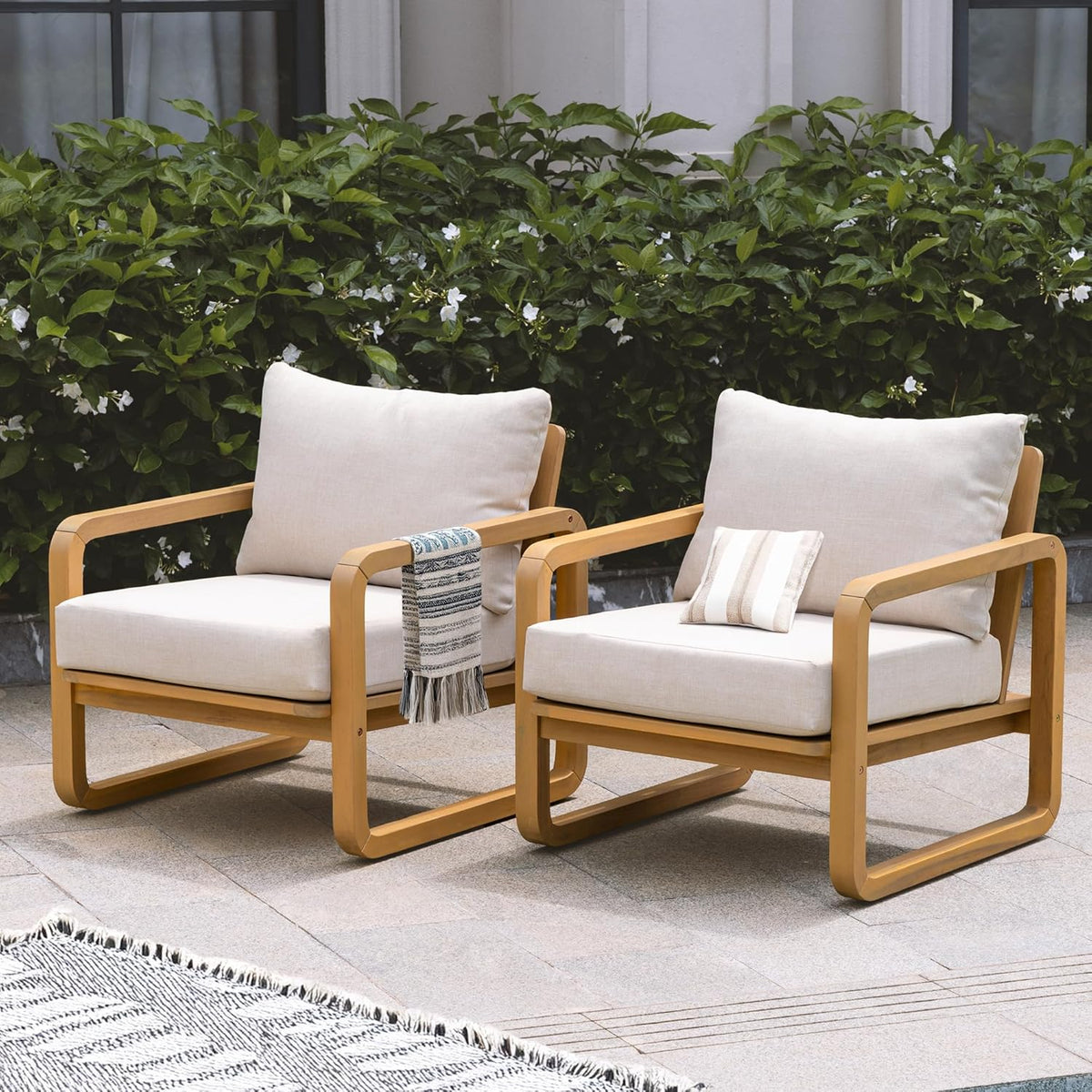 Idzo Ivy Wood Club Chair Set of 2 – Beige Fabric, Outdoor Wooden Armchair Seating with Cushions for