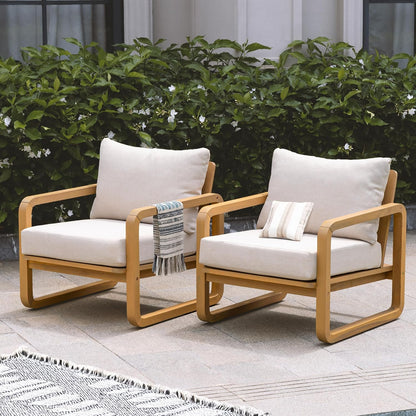 Idzo Ivy Wood Club Chair Set of 2 – Beige Fabric, Outdoor Wooden Armchair Seating with Cushions for