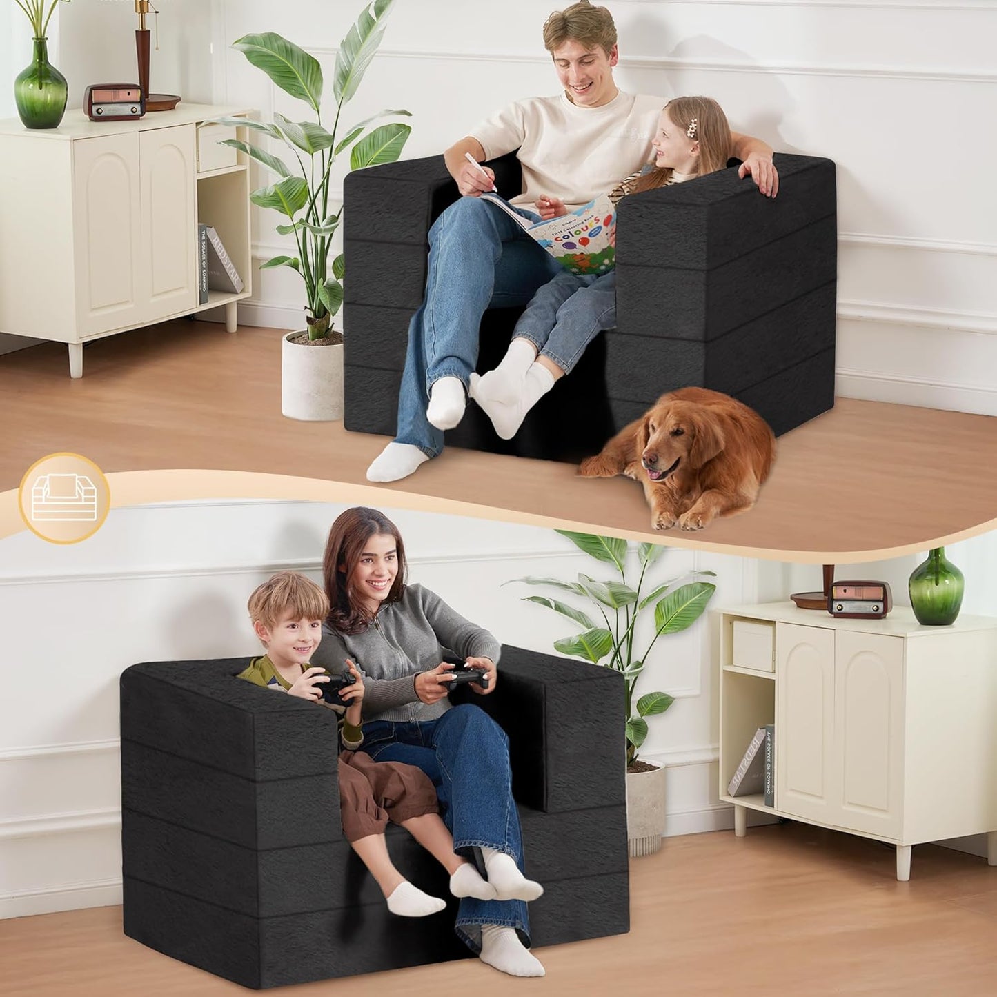 Folding Bean Bag Chair for Adults,3-in-1 Bean Bag Couch Faux Fur Floor Sofa Large Beanbag