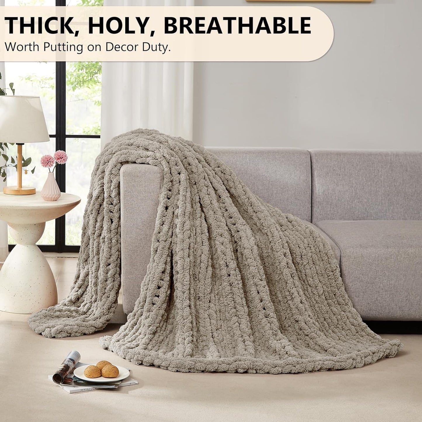 L'AGRATY Chunky Knit Blanket Throw: 80''x90'' Chenille Chunky Knitted Throw Blankets for Bed Couch