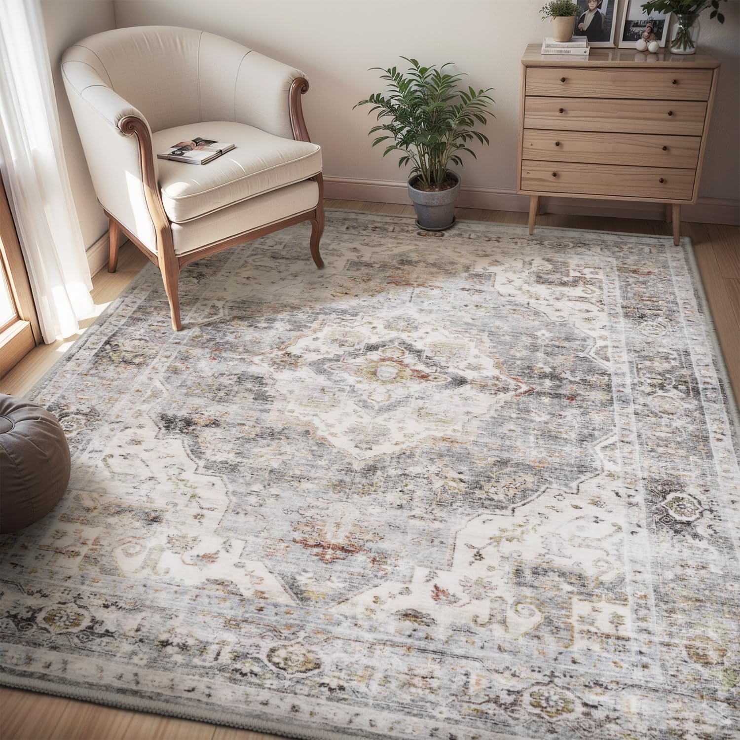AMOAMI-4X6 Area Rugs for Living Room -Soft Vintage Bedroom Rugs-Non Slip Washable Rug-Throw for