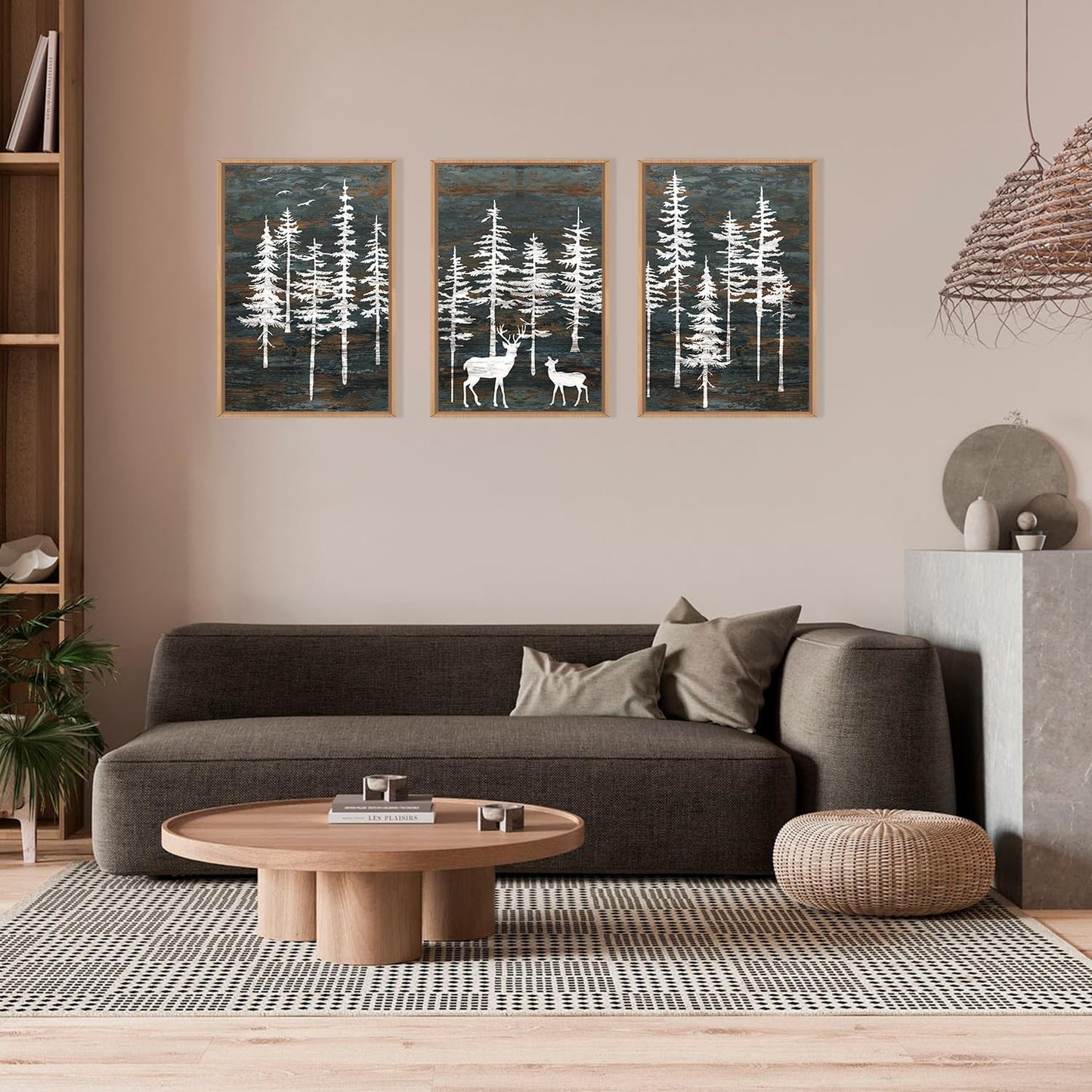 Celestdeco Modern White Forest Framed Canvas Wall Art Set, Minimalist Woodland Art Painting, Retro