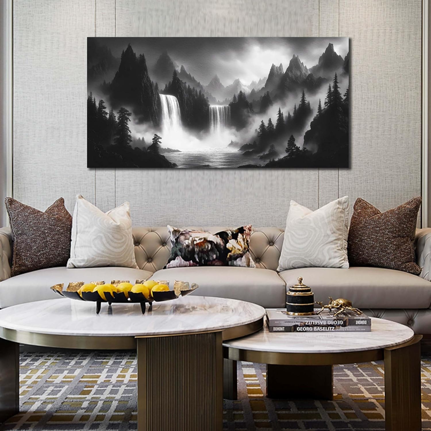 HUBOSKN Waterfall Pictures Wall Decor for Living Room - Mountain Wall Art for Office - Black and