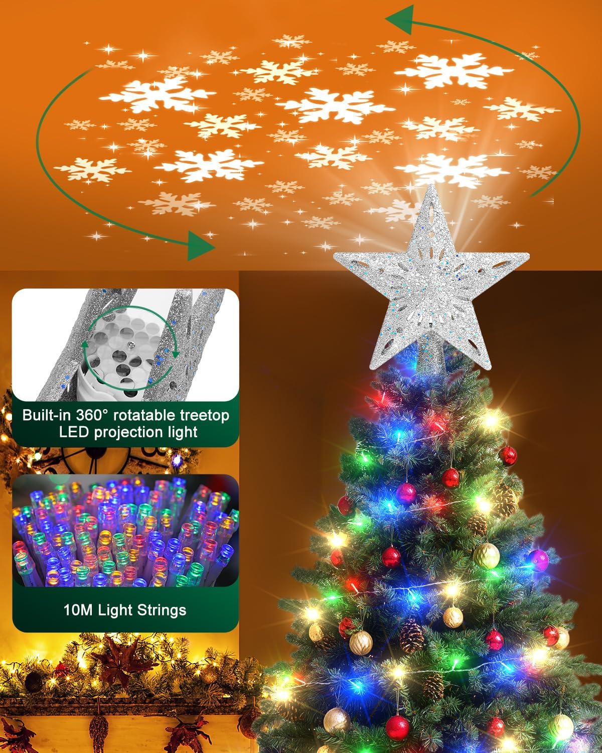Kesfitt Christmas Tree Topper with 10M Colorful Light Cord, Tree Top Star Decoration with 6