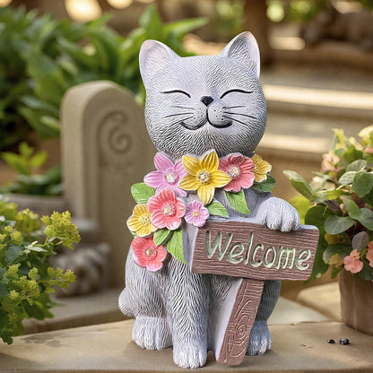 Solar Cat Garden Statue for Outdoor Decor, Cat Solar Light with Flowers, Resin Welcome Cats for