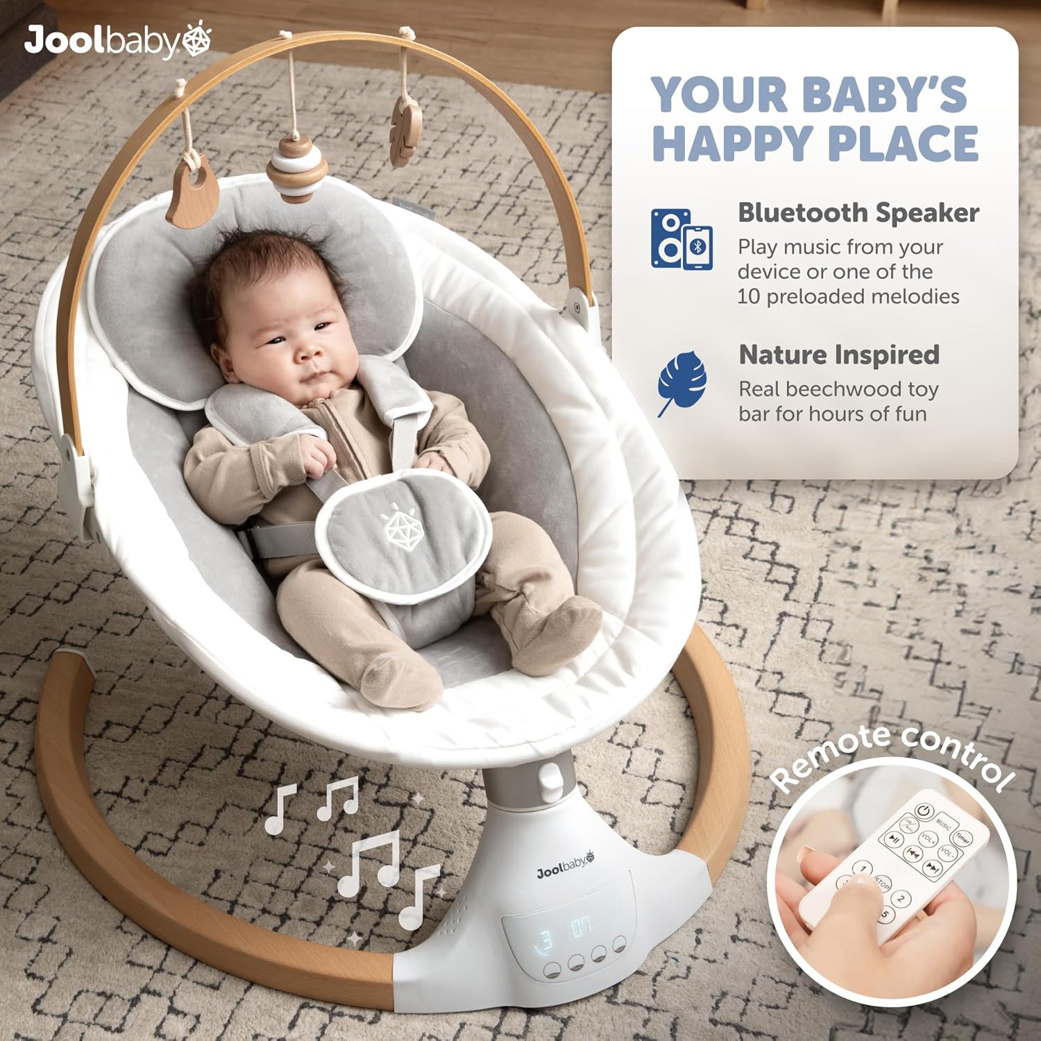 Jool Baby Nova Nature Baby Swing for Newborns – Natural Wood Toys, Electric Motorized Infant Swing