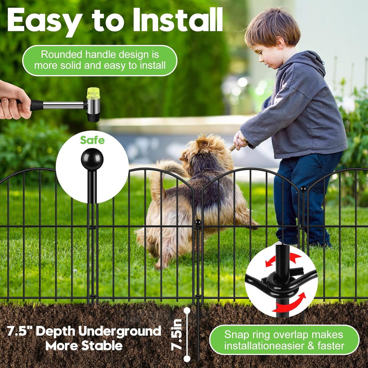Decorative Garden Fence 17in (H) x15ft (L), Arched Rustproof Metal No Dig Fence for Dogs & Rabbit