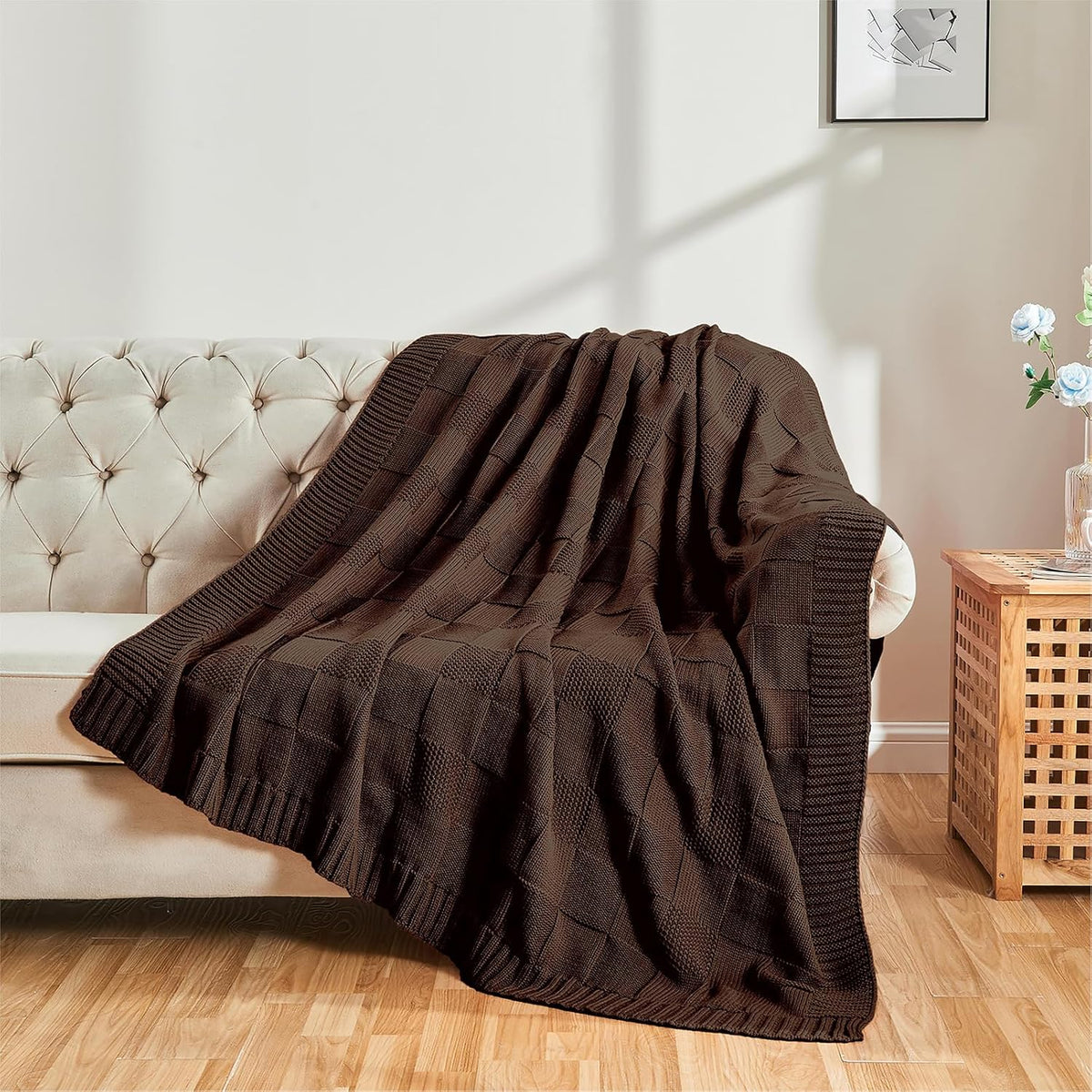 CozeCube Check Knit Throw Blanket, Dark Brown Checkered Throw for Couch, Decorative Christmas Soft