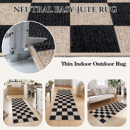Lahome Checkered Easy Jute Runner Rug, 2x6 Kitchen Runner Rug Non Slip Washable Outdoor Carpet for