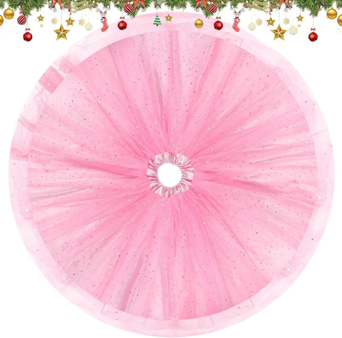 Christmas Wedding Tree Skirt,45 inch 4-Layer Fluffy Romantic Pleated Sparkly Skirt Decoration Xmas
