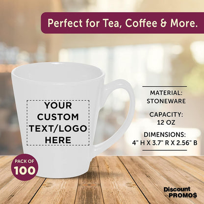DISCOUNT PROMOS Custom Glossy Ceramic Latte Coffee Mug 12 oz. Set of 100, Personalized Bulk Pack