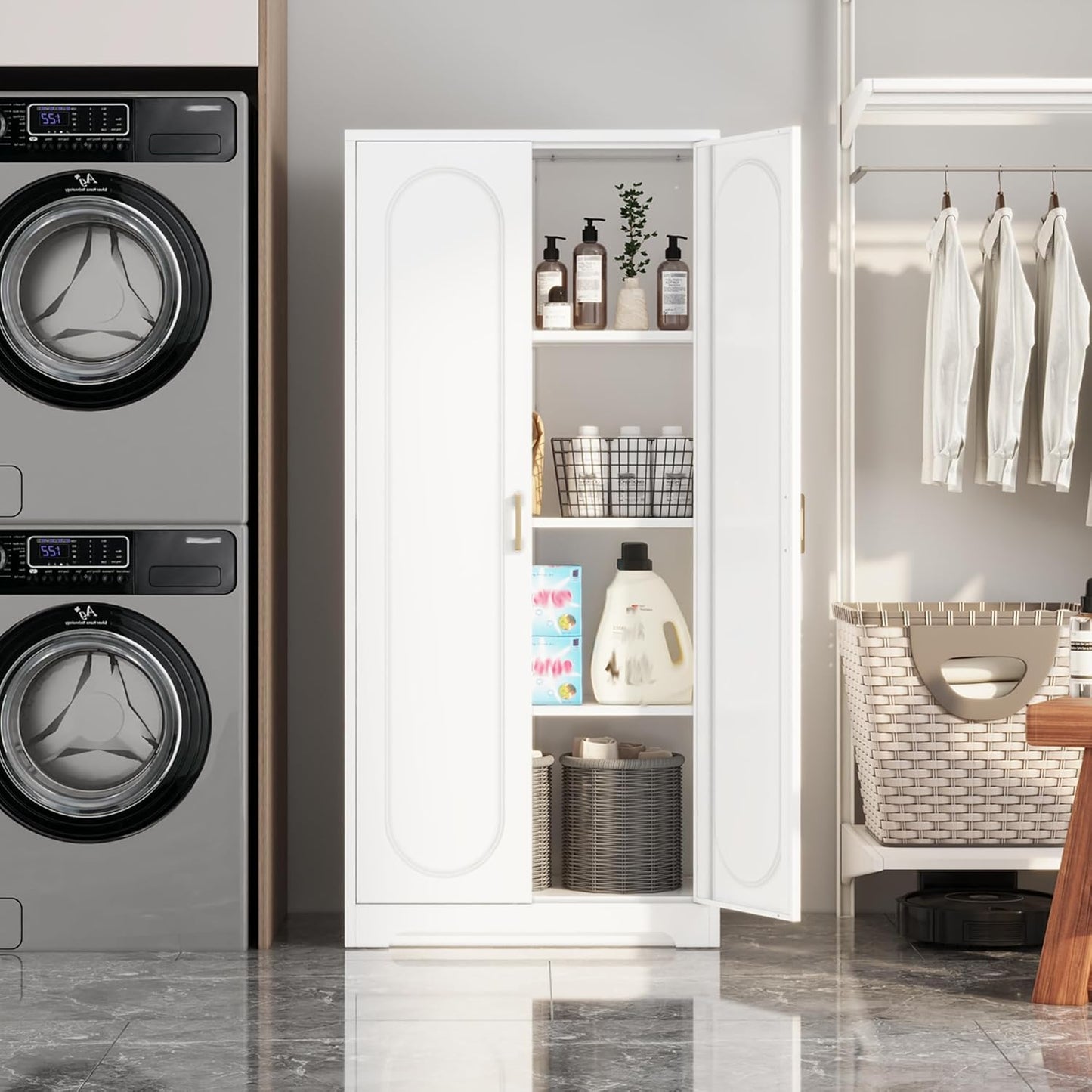 Kitchen Pantry Cabinet,60”Metal White Storage Cabinets with Doors and Shelves,Tall Cabinet with 2