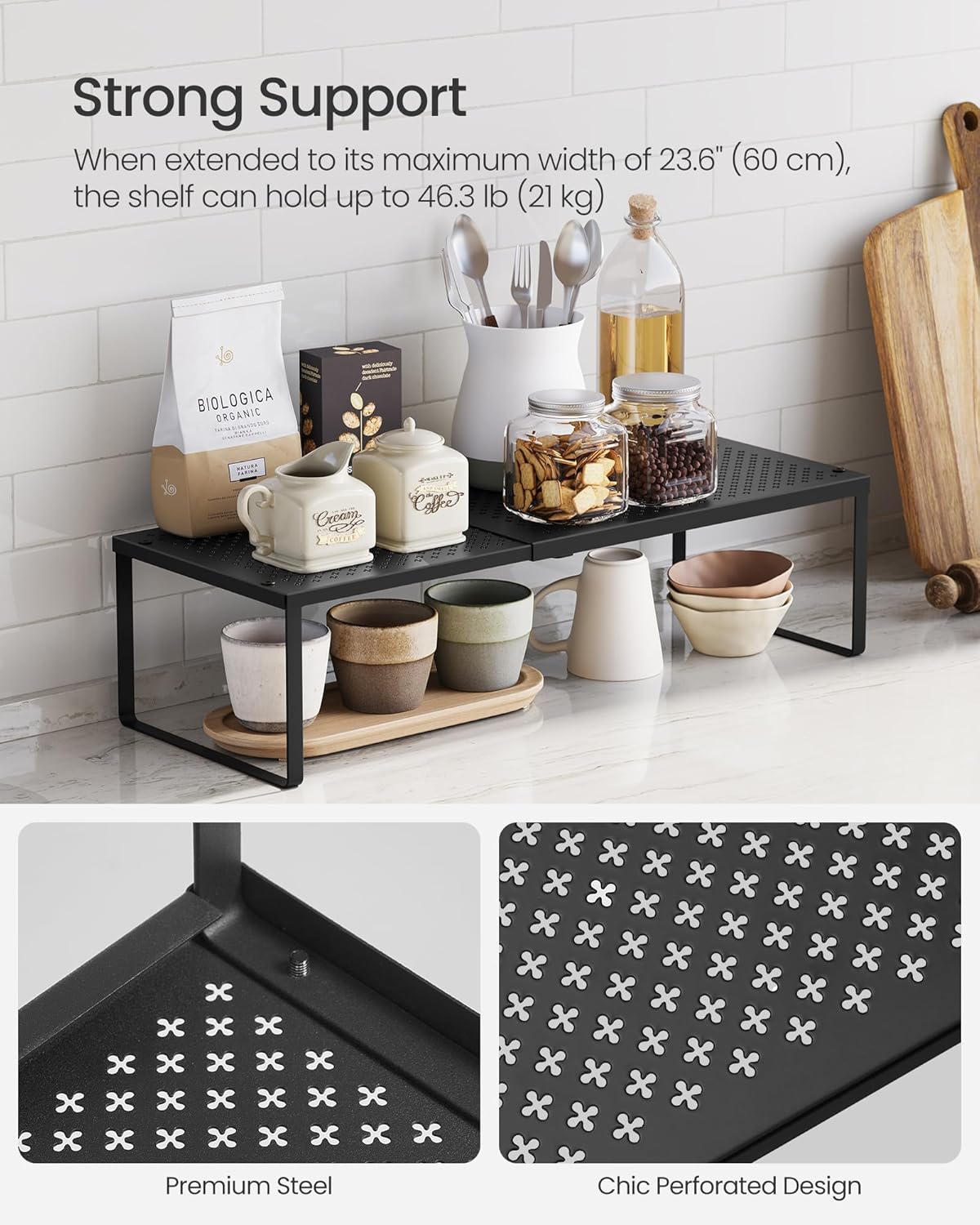 SONGMICS Spice Racks, Set of 2 Expandable Kitchen Countertop Shelves, Small Cupboard Organizers