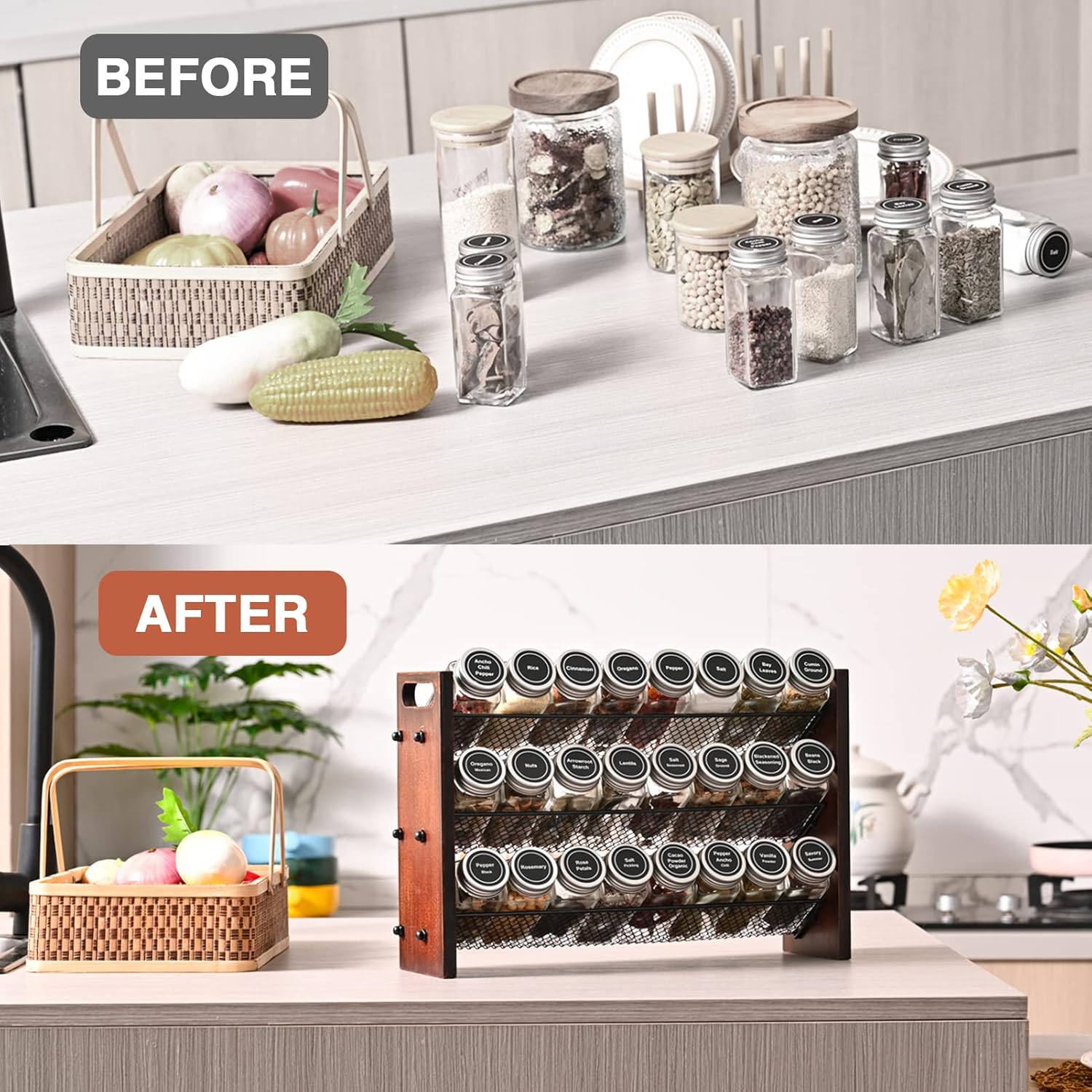 Spice Rack, Spice Rack Organizer without Seasoning Jars, Wooden Rustic 3 Tier Kitchen Spice