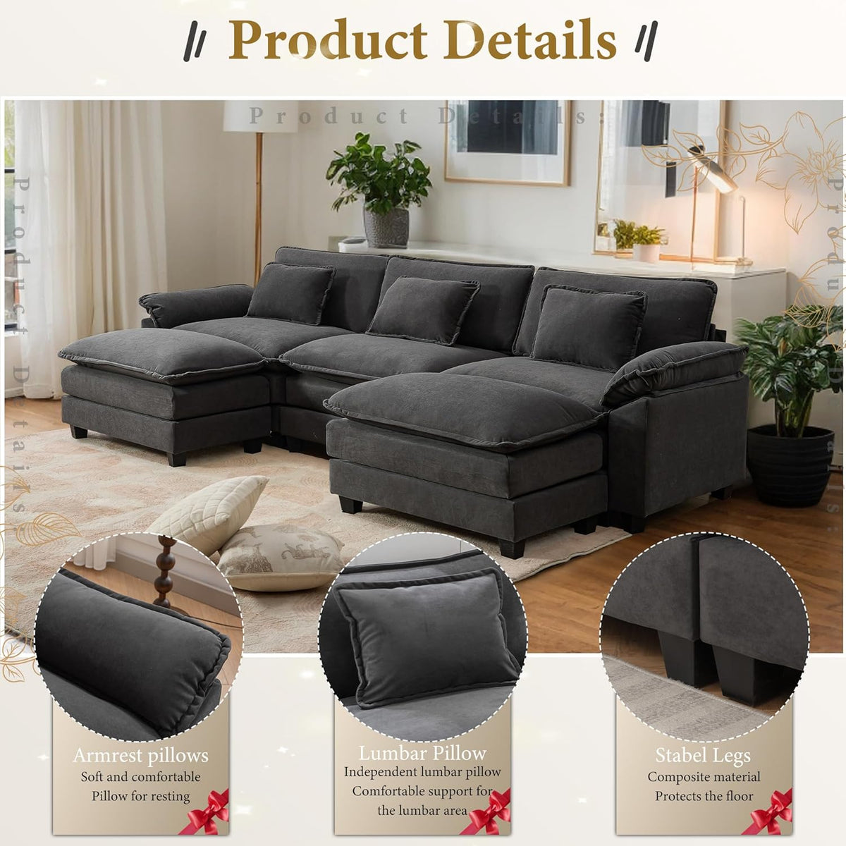 URRED Modular Sectional Sofa Comfy Cloud Couch, Modern Velvet Sofa Sleeper Deep Seat Couches with