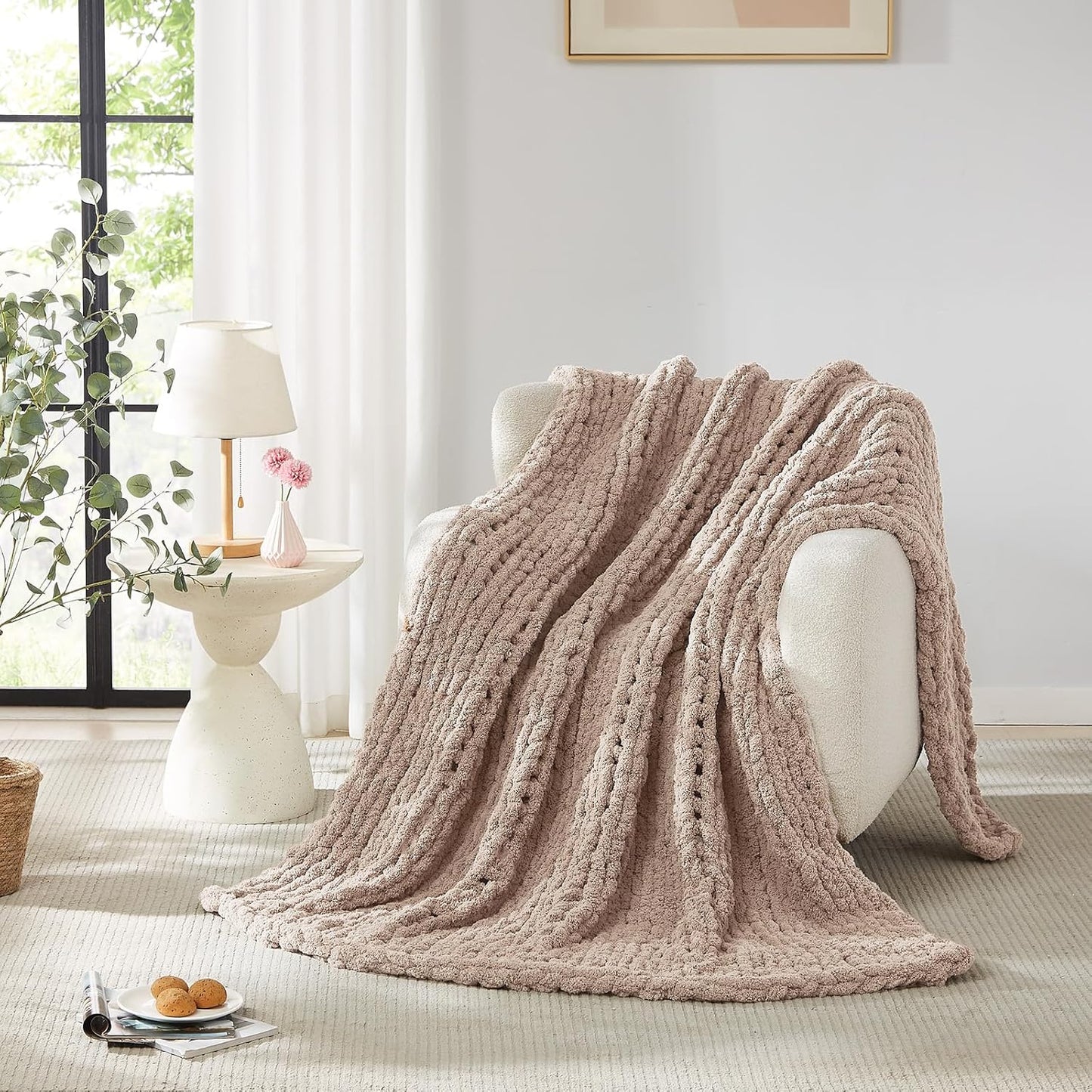 L'AGRATY Chunky Knit Blanket Throw: 80''x90'' Chenille Chunky Knitted Throw Blankets for Bed Couch