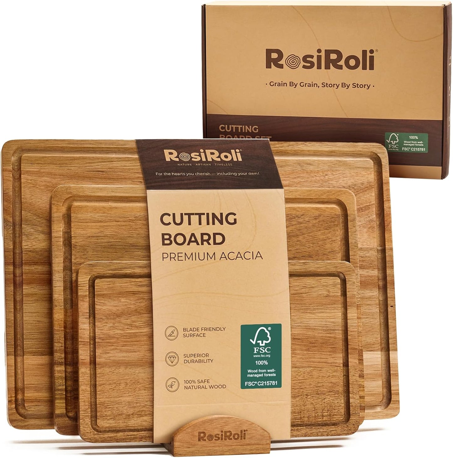 Acacia Wood Cutting Board for Kitchen, 3 Set with Holder - FSC Certified Large Wood Charcuterie