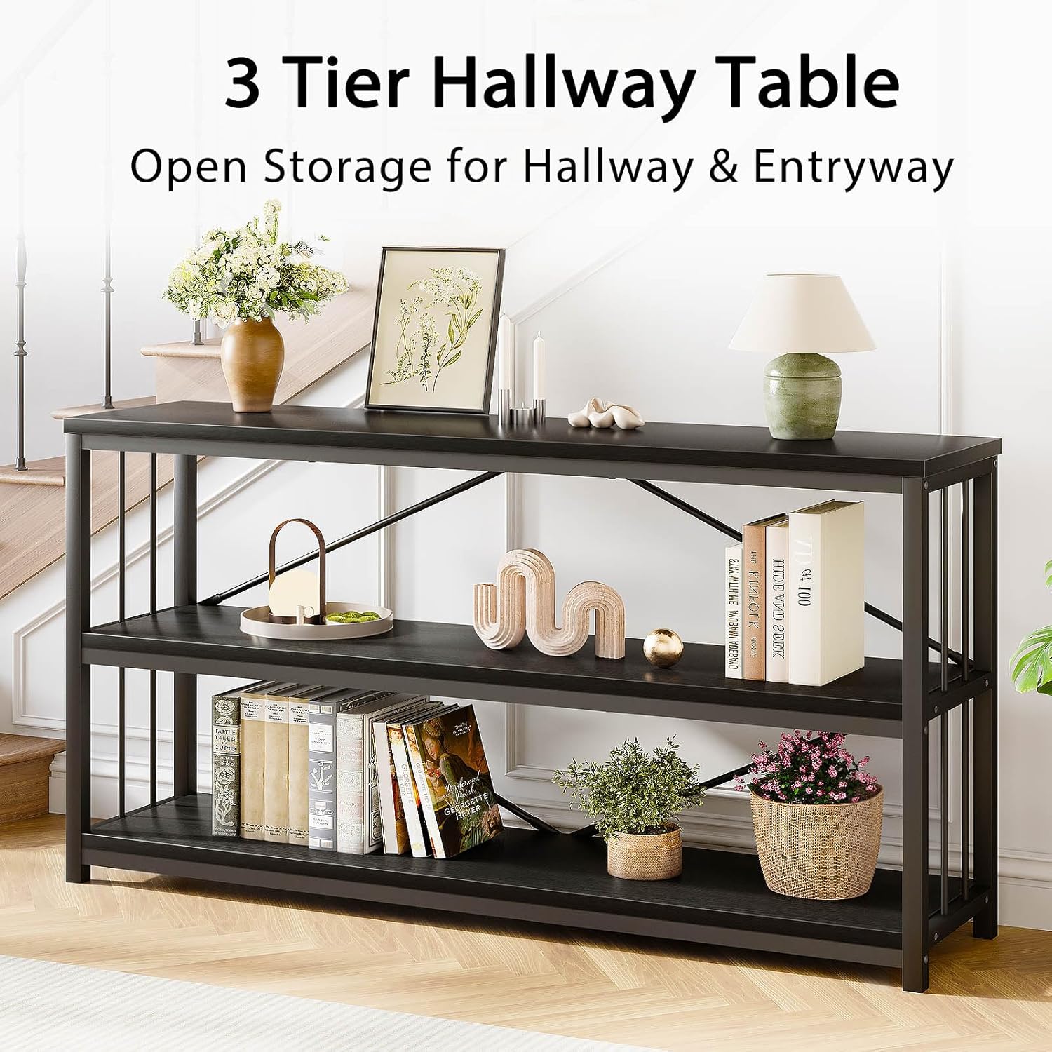 LVB Black Entryway Table, Modern Extra Long Sofa Console Table, Metal Wood Narrow Hallway Table